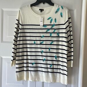 Cream color sweater with dark navy stripes, 3/4 sleeve